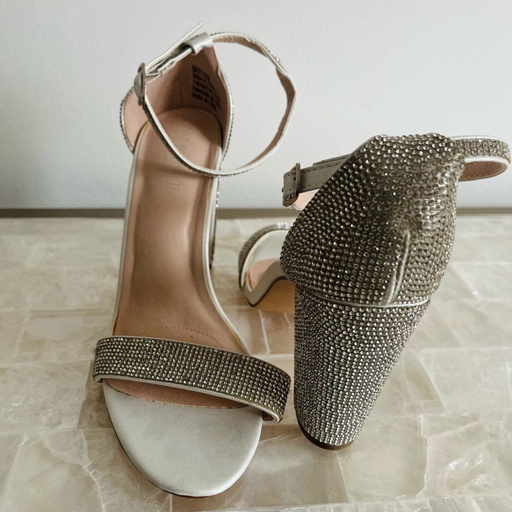 Silver block heels coated in crystals. Size 10.